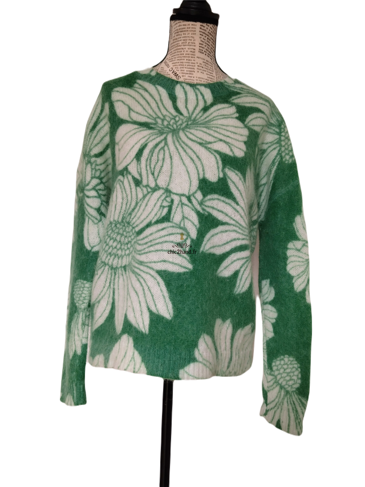 Pull oversize épais 66% laine kid mohair Sézane M vert fleuri blanc Neuf – Image 6