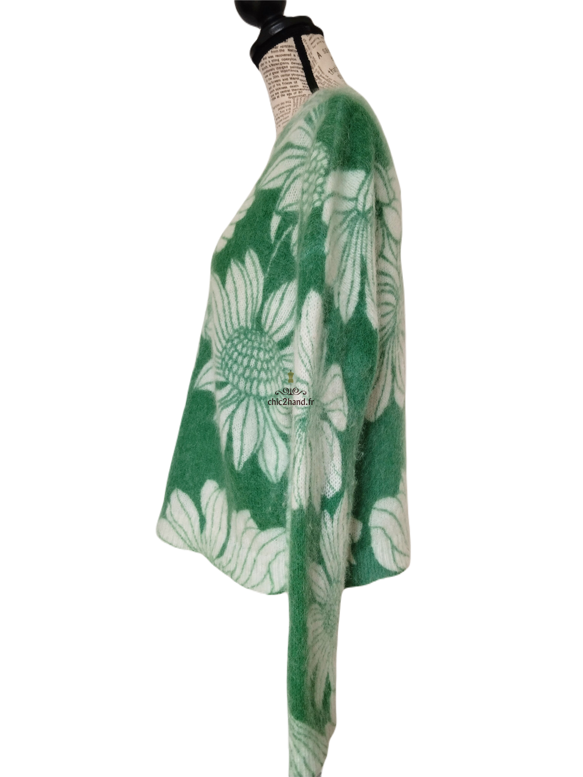Pull oversize épais 66% laine kid mohair Sézane M vert fleuri blanc Neuf – Image 7
