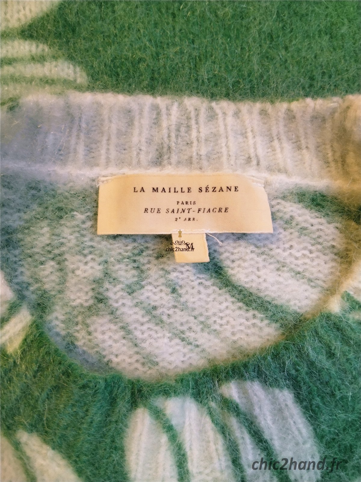 Pull oversize épais 66% laine kid mohair Sézane M vert fleuri blanc Neuf – Image 10