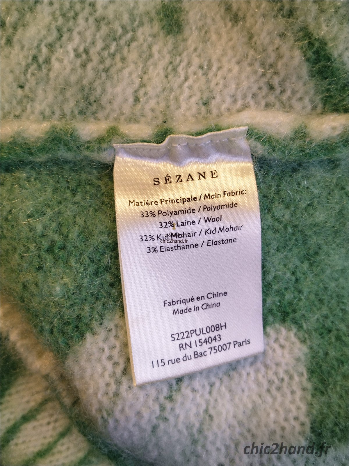 Pull oversize épais 66% laine kid mohair Sézane M vert fleuri blanc Neuf – Image 9
