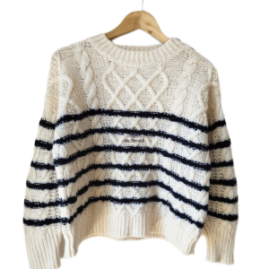 Pull col rond épais torsade en pure laine Sézane M rayures blanc noir TBE