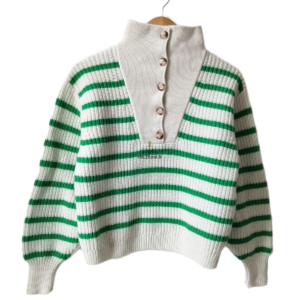 Pull col montant boutonné laine coton Sézane S rayures blanc vert Neuf