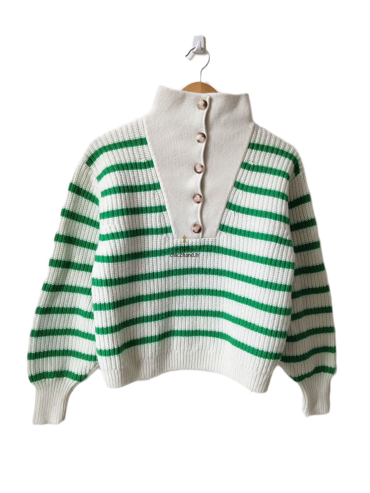 Pull col montant boutonné laine coton Sézane S rayures blanc vert Neuf