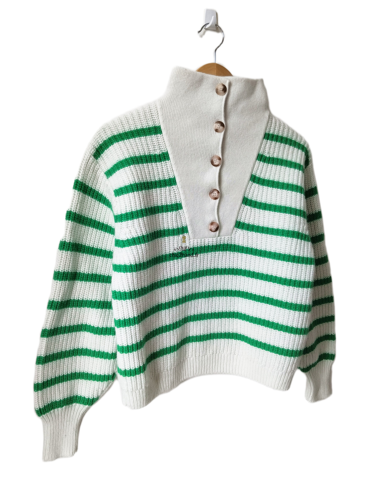 Pull col montant boutonné laine coton Sézane S rayures blanc vert Neuf – Image 2