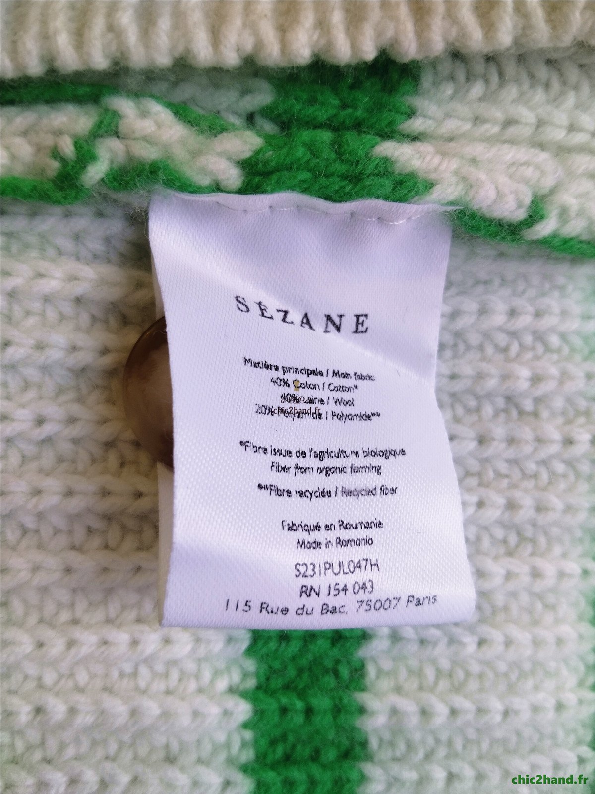 Pull col montant boutonné laine coton Sézane S rayures blanc vert Neuf – Image 11