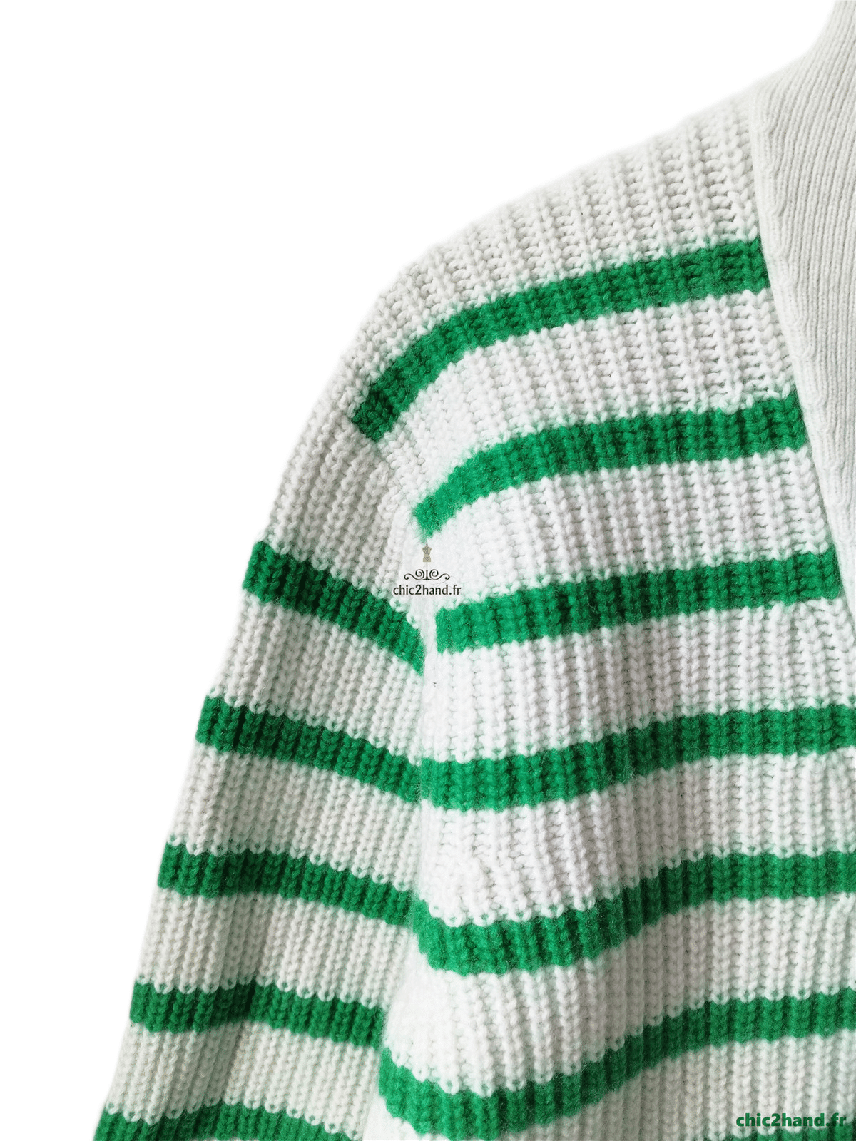 Pull col montant boutonné laine coton Sézane S rayures blanc vert Neuf – Image 3