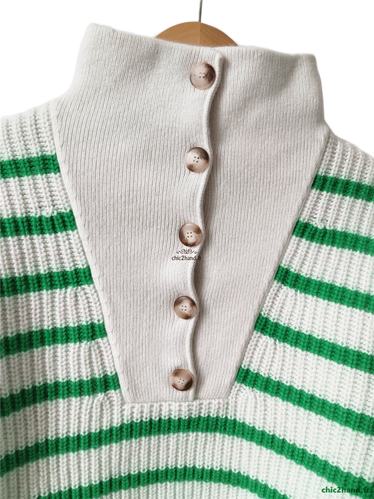 Pull col montant boutonné laine coton Sézane S rayures blanc vert Neuf – Image 4