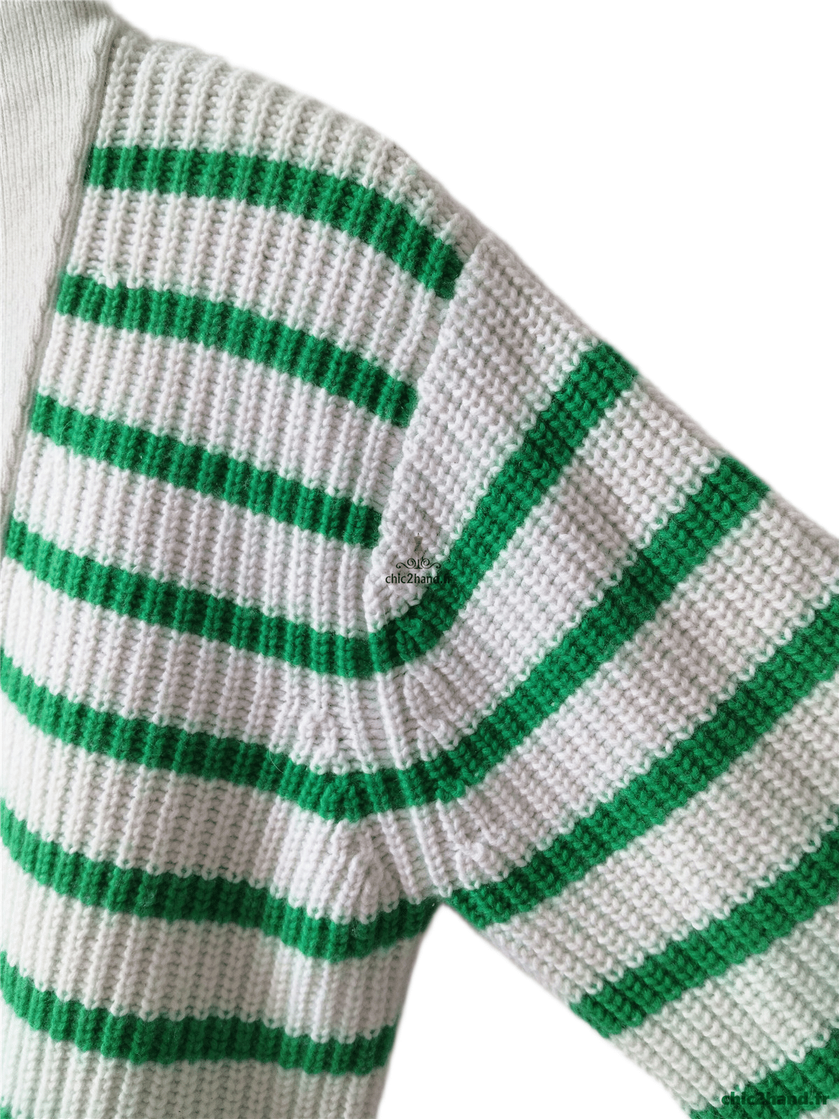 Pull col montant boutonné laine coton Sézane S rayures blanc vert Neuf – Image 5