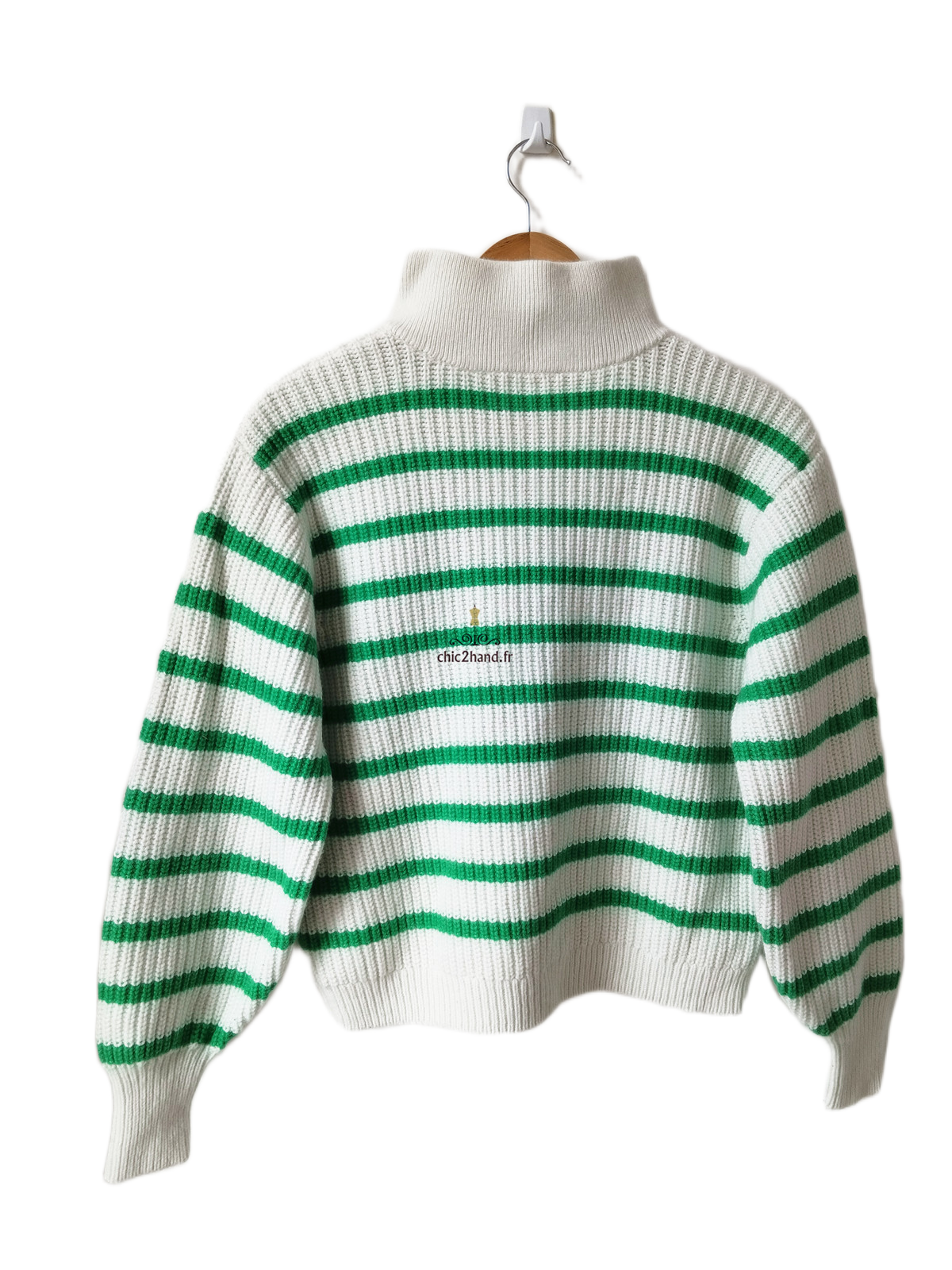 Pull col montant boutonné laine coton Sézane S rayures blanc vert Neuf – Image 7