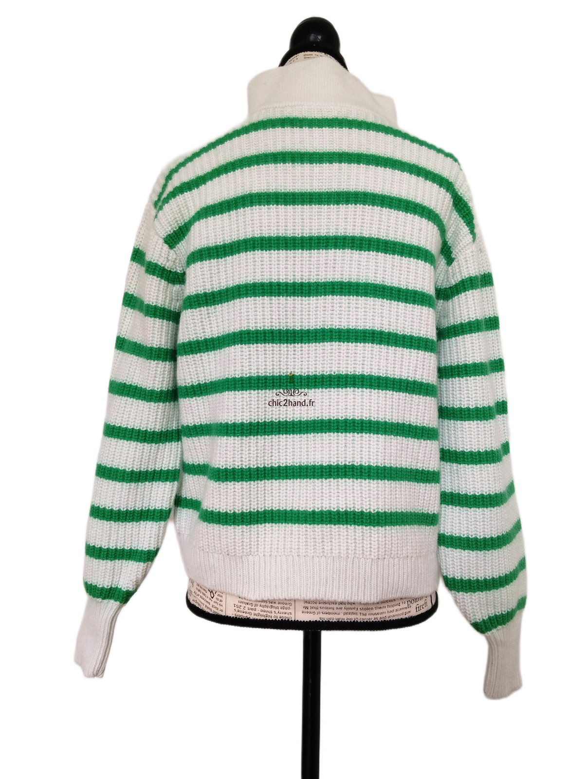 Pull col montant boutonné laine coton Sézane S rayures blanc vert Neuf – Image 8