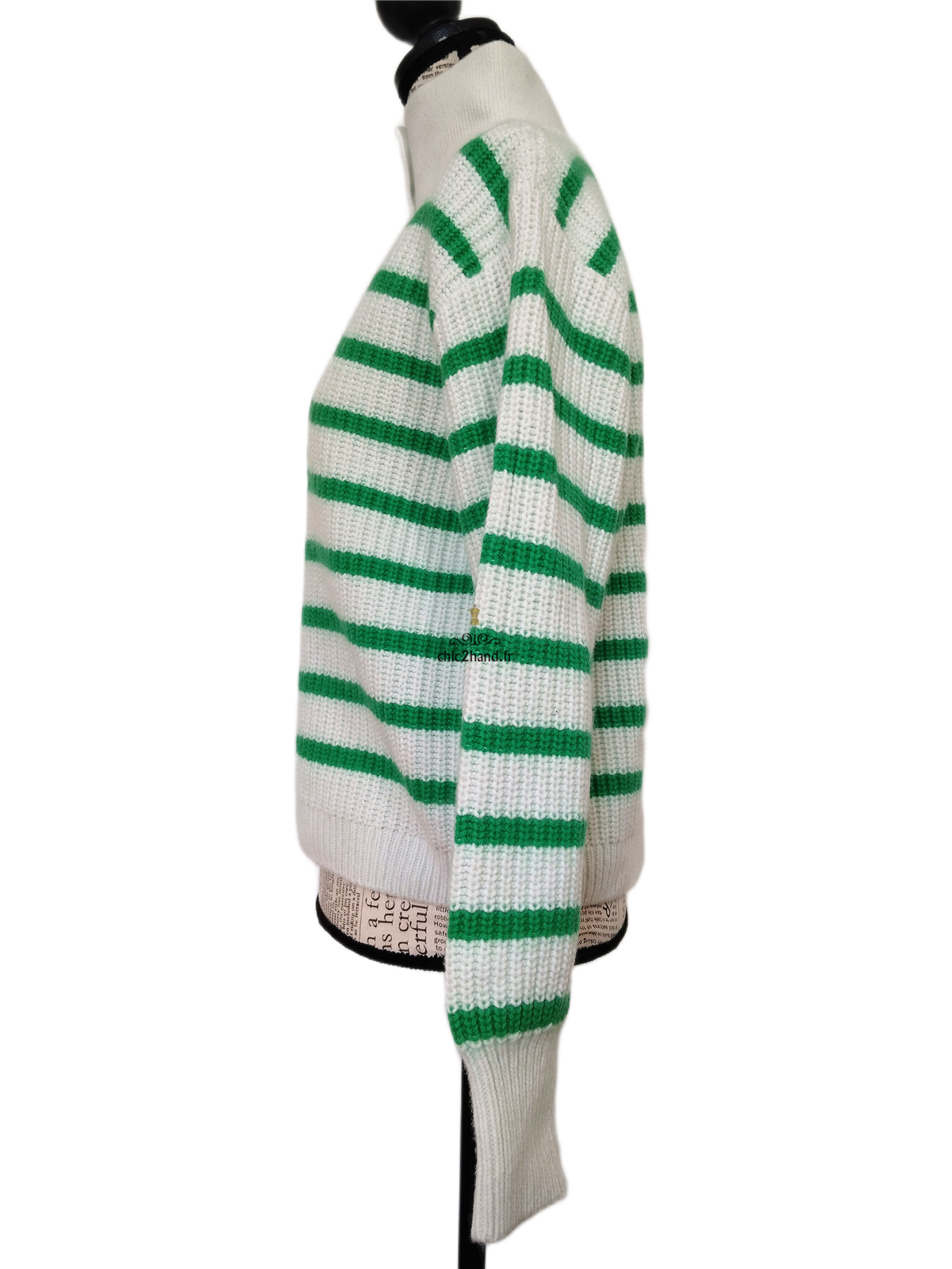 Pull col montant boutonné laine coton Sézane S rayures blanc vert Neuf – Image 9
