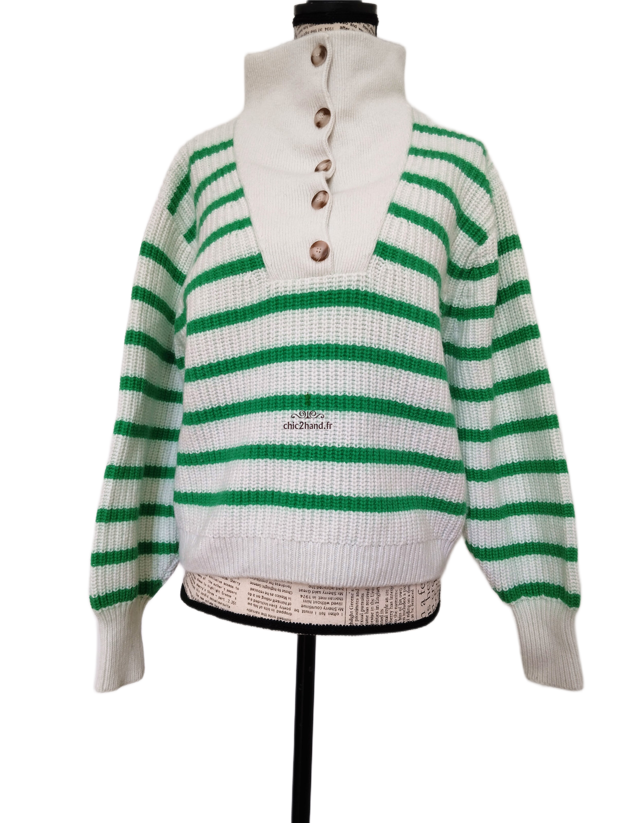 Pull col montant boutonné laine coton Sézane S rayures blanc vert Neuf – Image 10