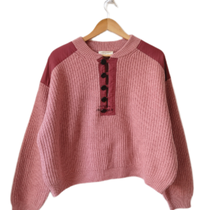 Pull col rond boutonné laine coton Sézane XXXL rose pivoine chiné TBE