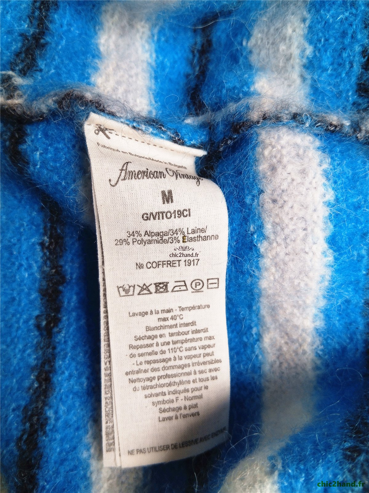 Gilet laine alpaga American Vintage vito19ci VITOW bleu blanc M NEUF – Image 10