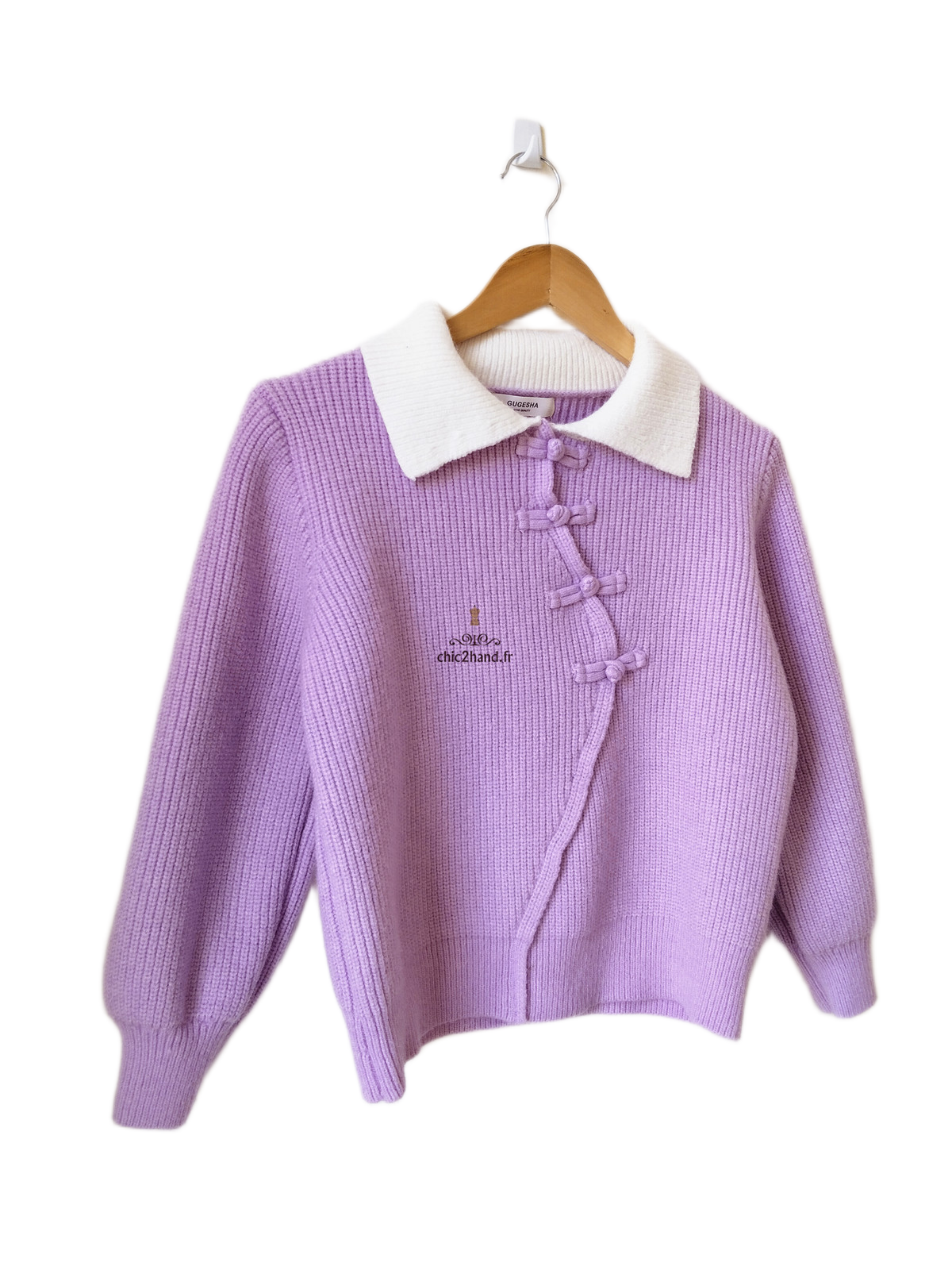Pull doudou 100% laine violet lilas avec col blanc S NEUF – Image 3