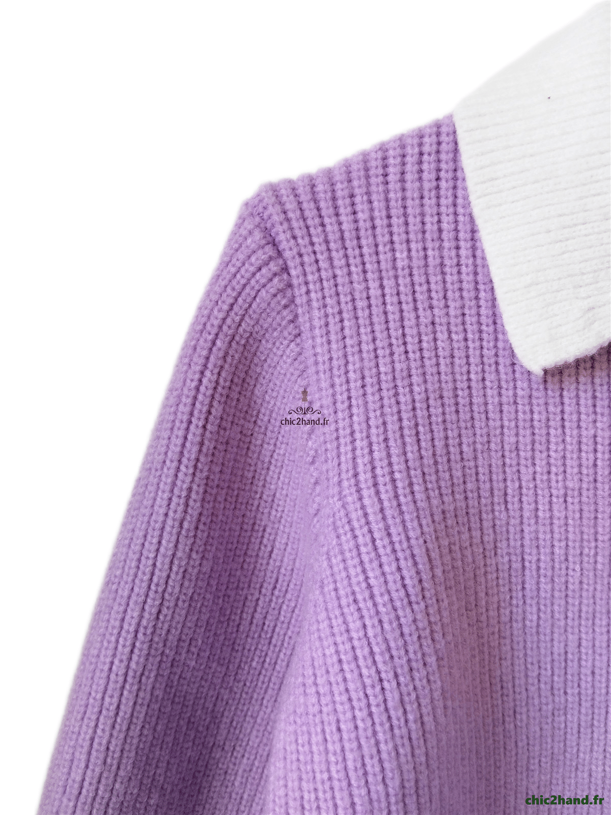 Pull doudou 100% laine violet lilas avec col blanc S NEUF – Image 4