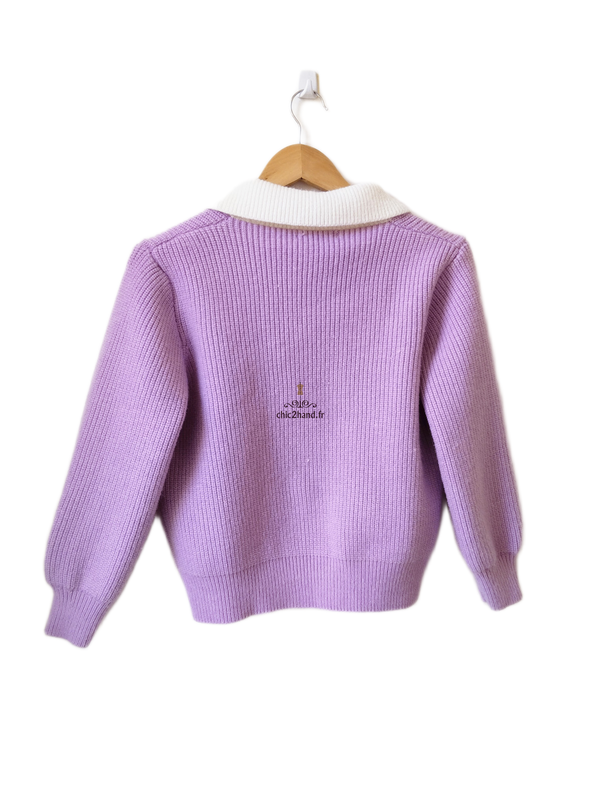 Pull doudou 100% laine violet lilas avec col blanc S NEUF – Image 6