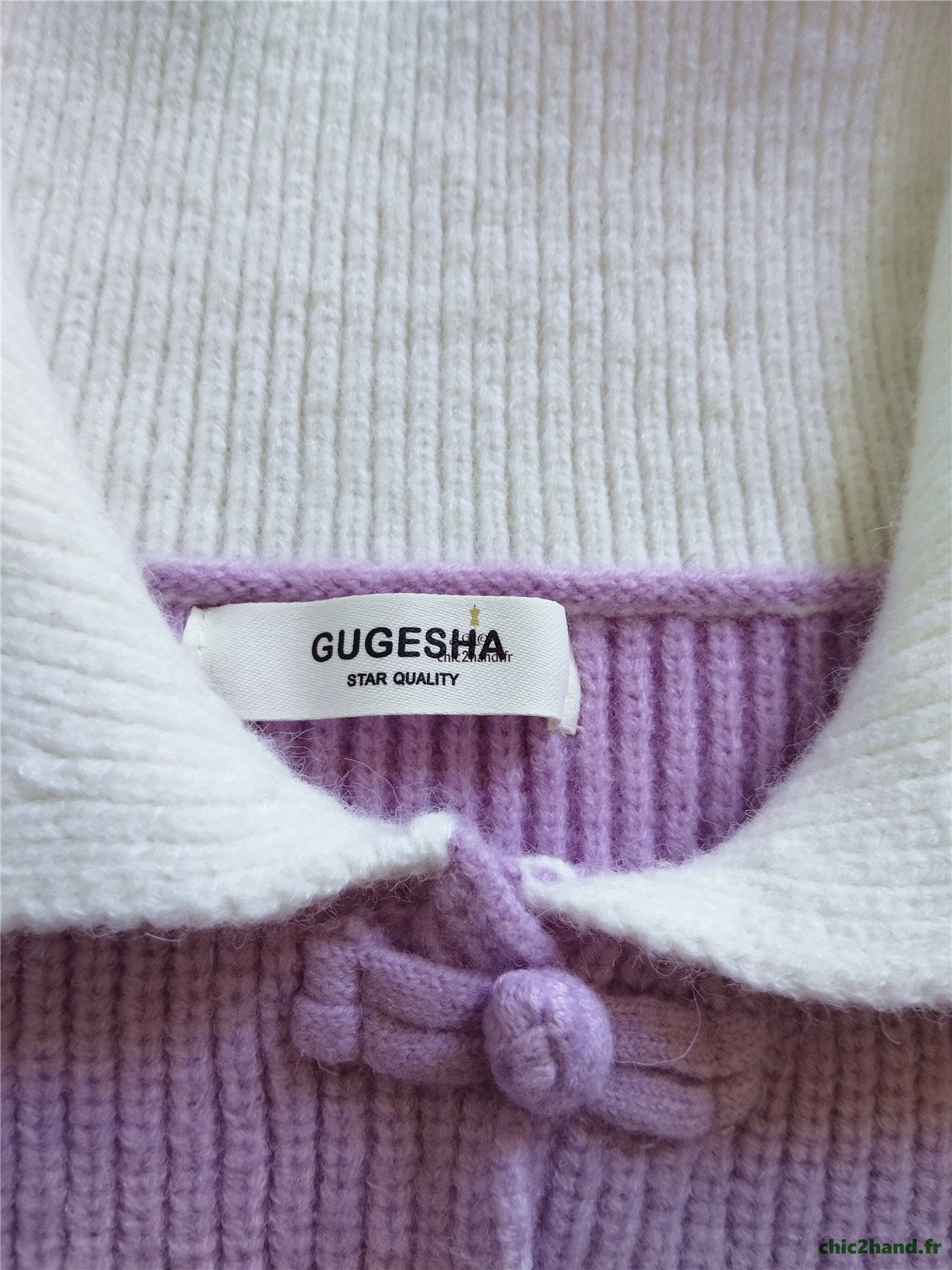 Pull doudou 100% laine violet lilas avec col blanc S NEUF – Image 10