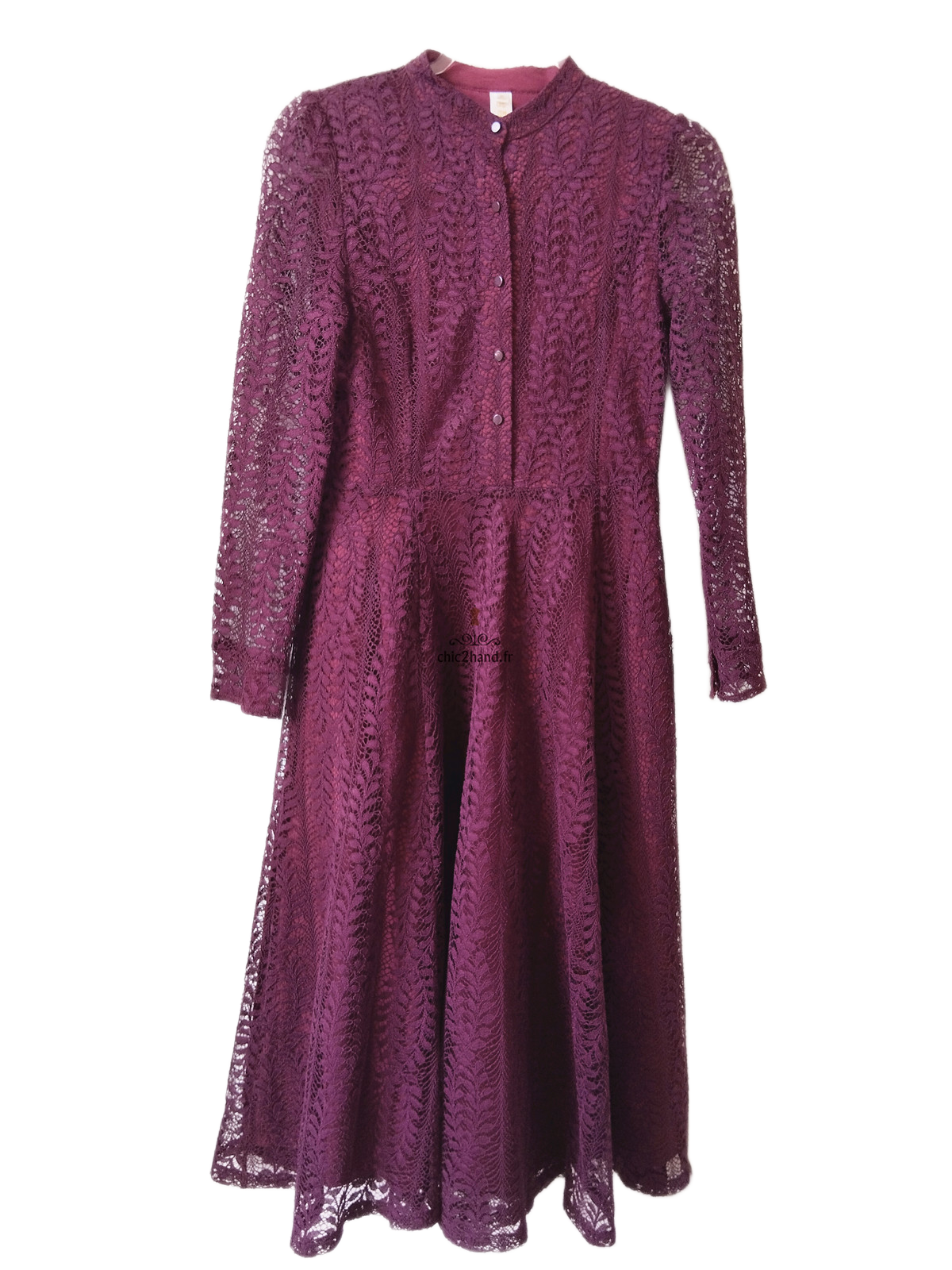 Robe céremonie dentelle manches longues élégante bordeaux prune S NEUF – Image 2