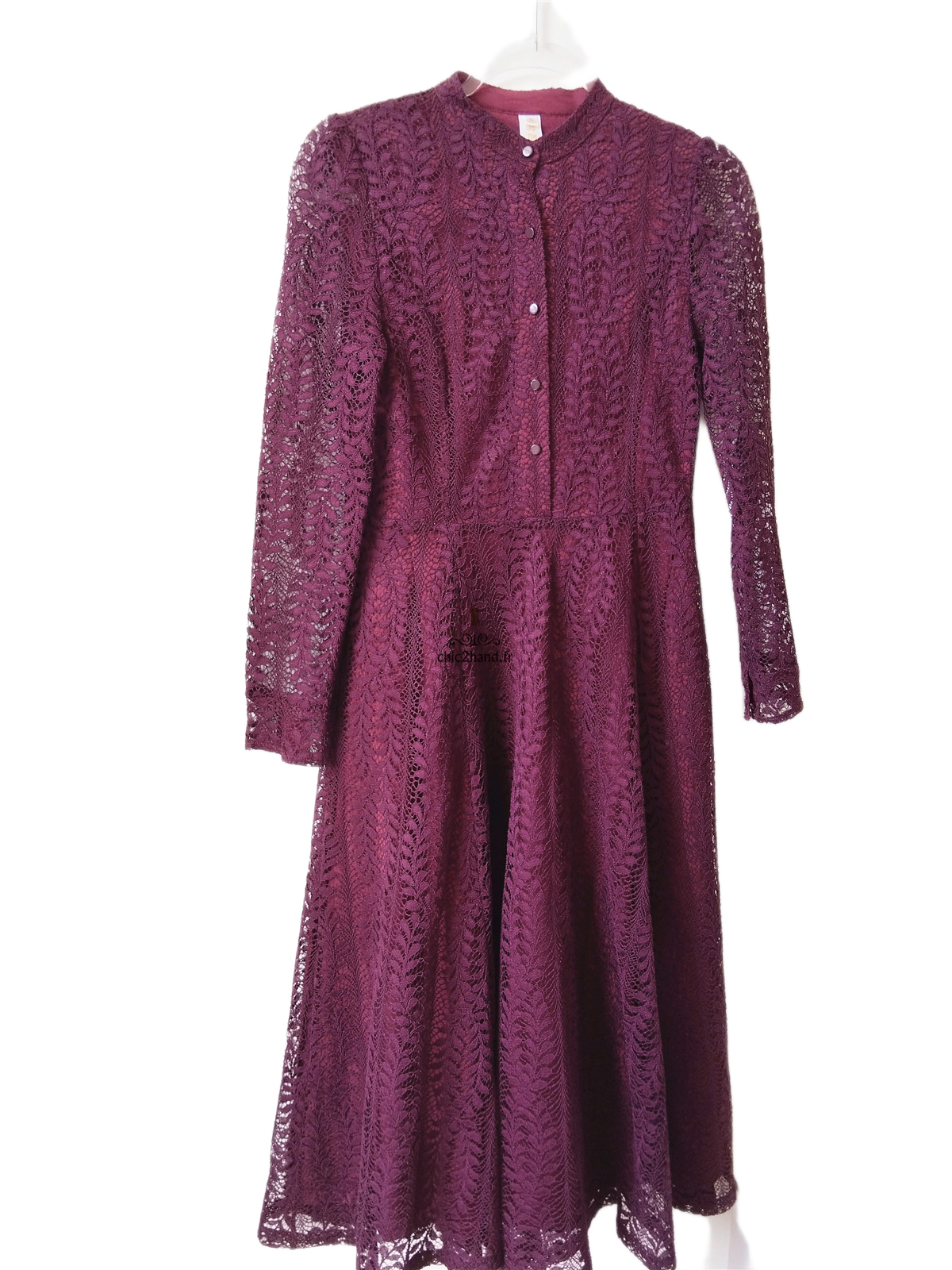 Robe céremonie dentelle manches longues élégante bordeaux prune S NEUF – Image 3