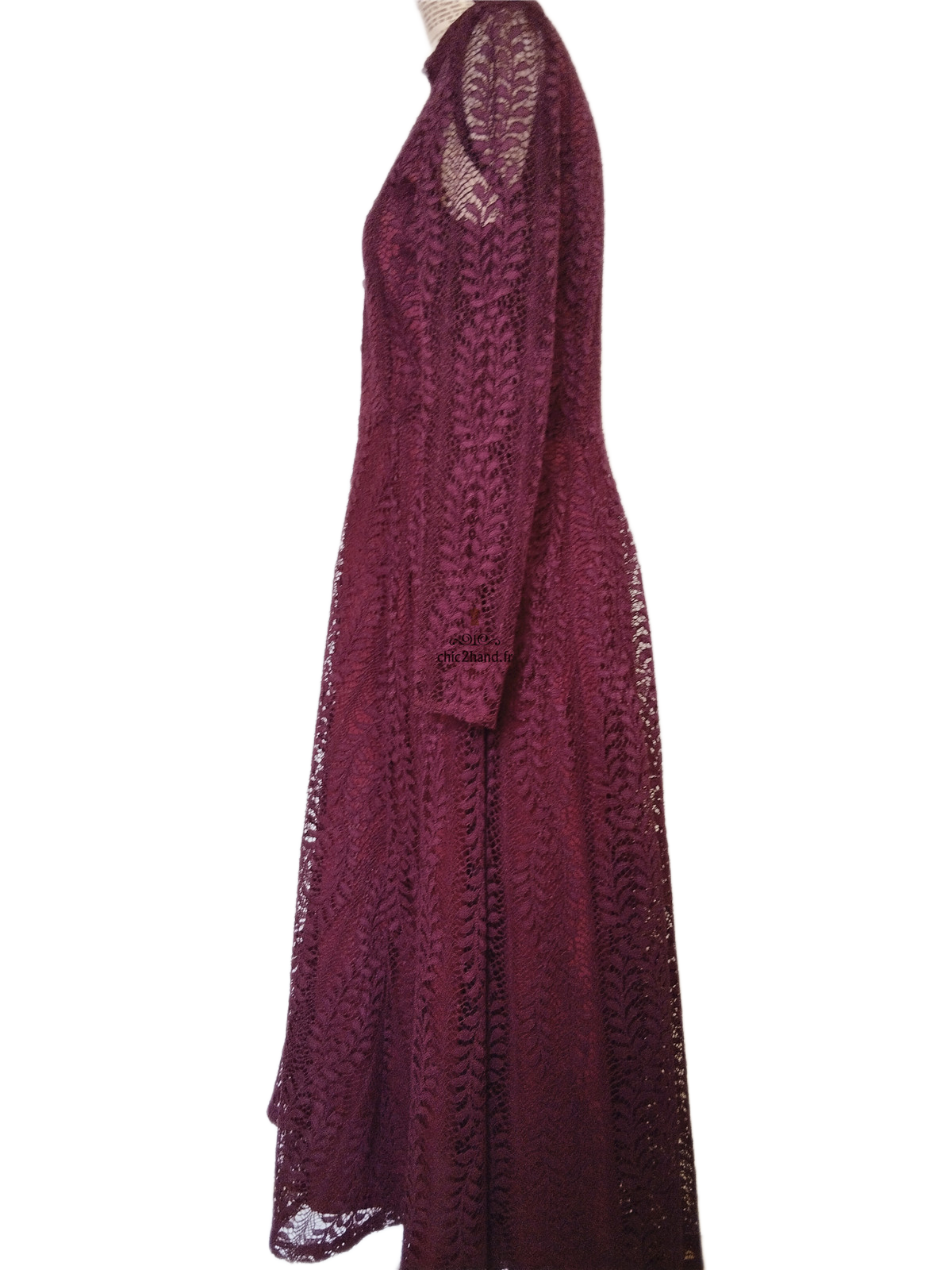 Robe céremonie dentelle manches longues élégante bordeaux prune S NEUF – Image 9