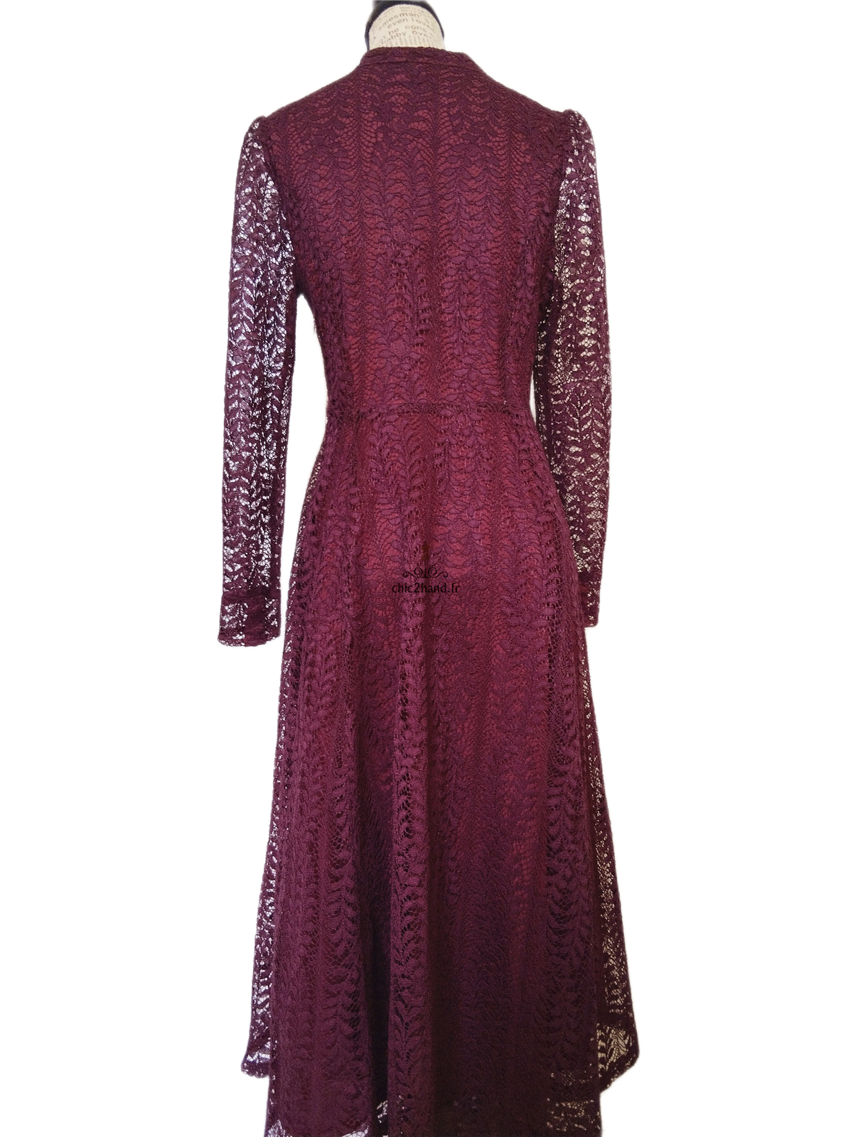 Robe céremonie dentelle manches longues élégante bordeaux prune S NEUF – Image 10