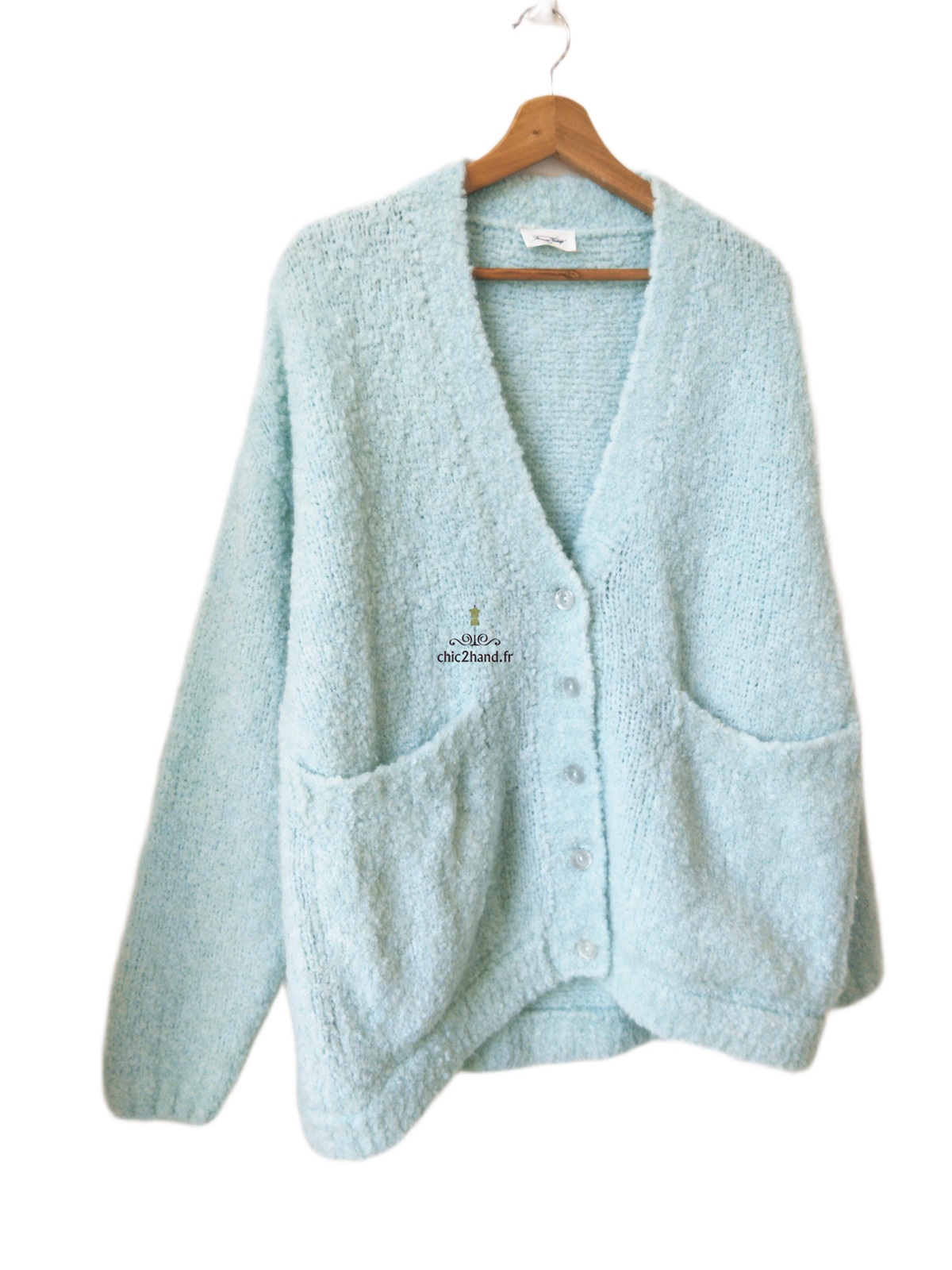 Gilet boutonné oversize laine alpaga American Vintage ZOL19C vert d'eau XS S neuf – Image 2