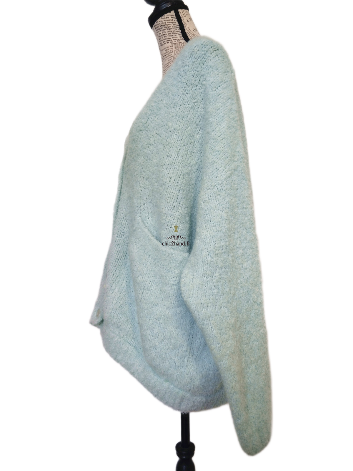 Gilet boutonné oversize laine alpaga American Vintage ZOL19C vert d'eau XS S neuf – Image 7