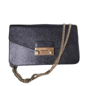 Sac bandoulère doré en cuir véritable furla noir TBE